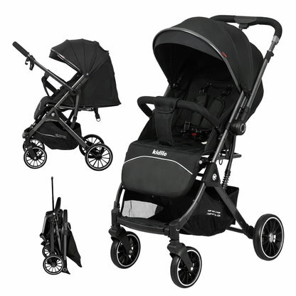Poussette cabine avion 535 Kidilo compacte noire dépliée et pliée