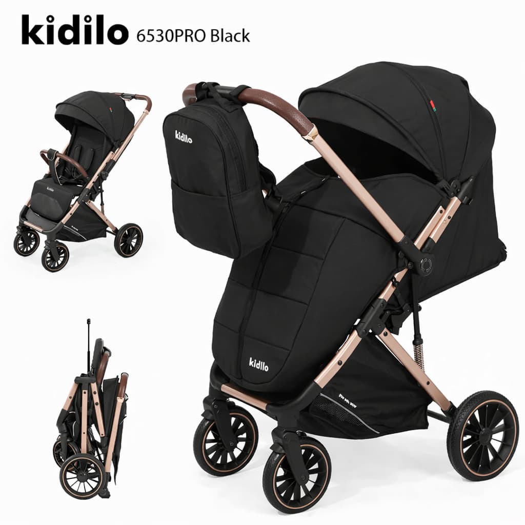 Poussette cabine avion 6530B Pro Kidilo compacte noire dépliée et pliée