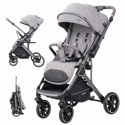 Poussette Poussette cabine avion compacte K101 transport facile voyage grise dépliée et pliée